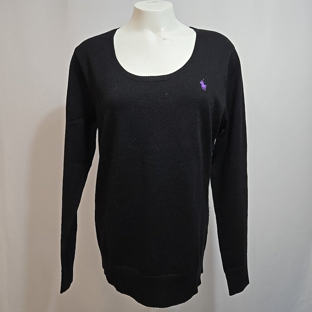 Ralph Lauren Sport Sweater Womens Size XL Black 100% Merino Wool Purple Pony